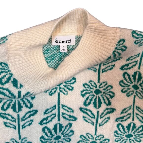 &merci Green and Beige Mock-Neck Flower Sweater - Size S - Picture 6 of 9